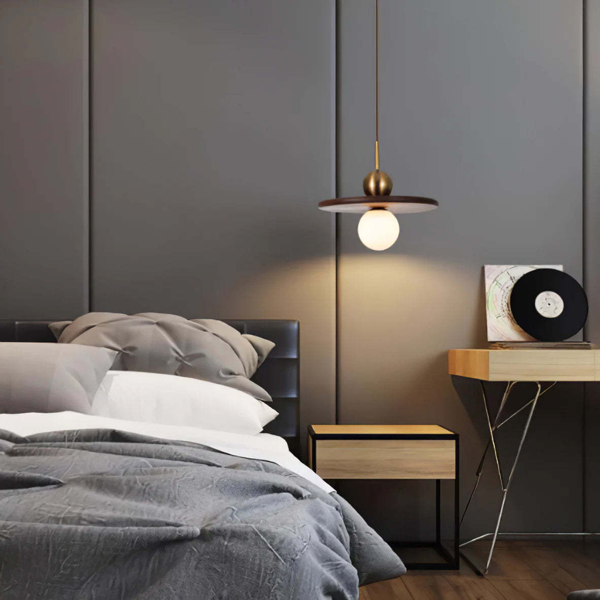 Flying Saucer Walnut Round Vintage Hanging Lamp -Homdiy