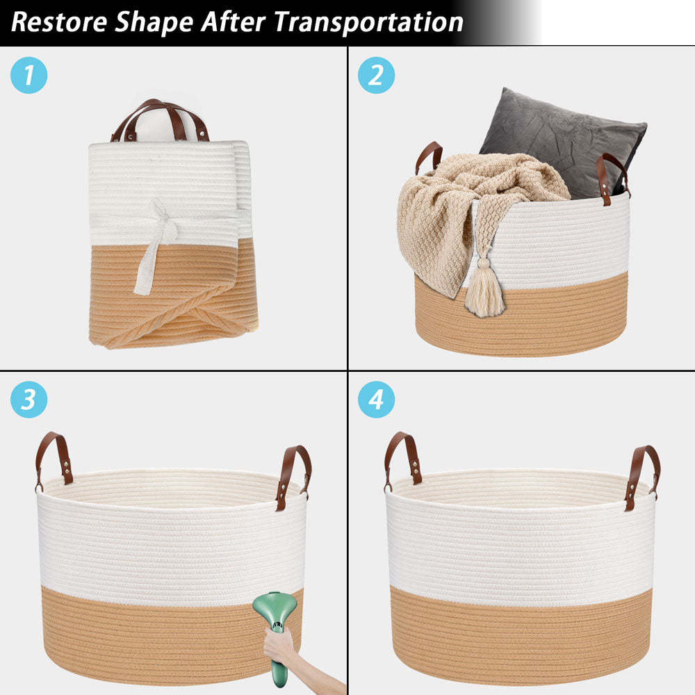 20"x13" Large Woven Basket Large Basket for Blankets Round Towel Basket Brown&white -Homdiy