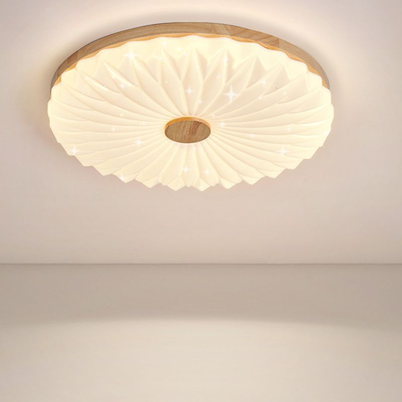 Flush Mount Wood White LED Bedroom Ceiling Light