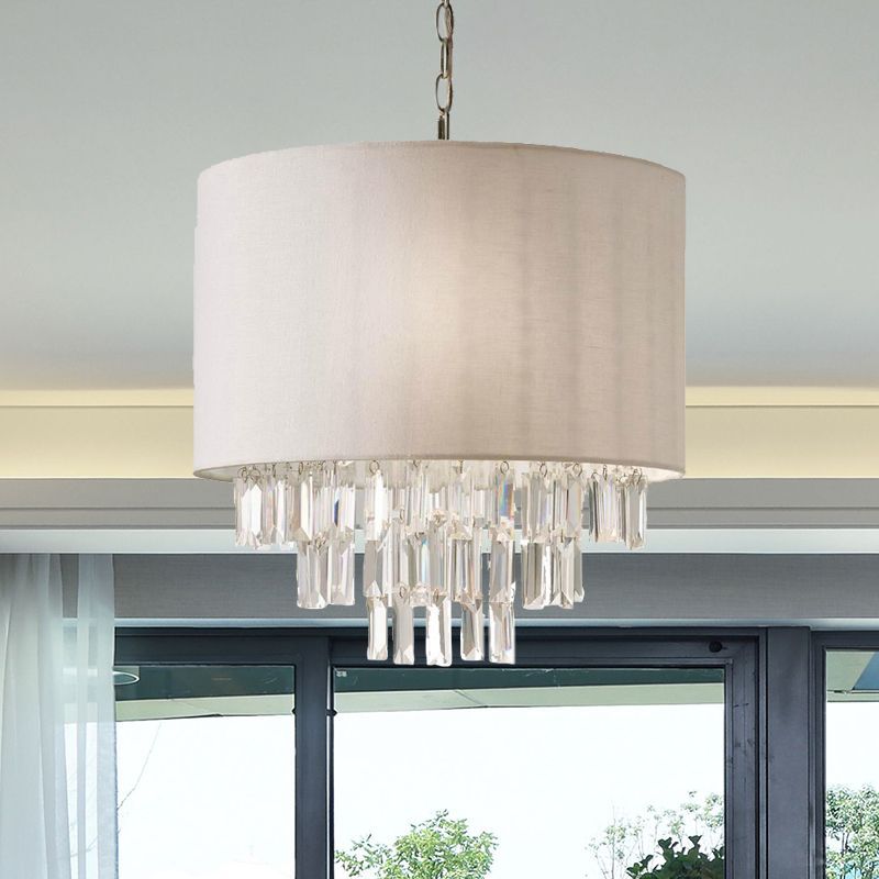 Modern Fabric Shade Rectangular-Cut Crystal Drum Hanging Chandelier -Homdiy