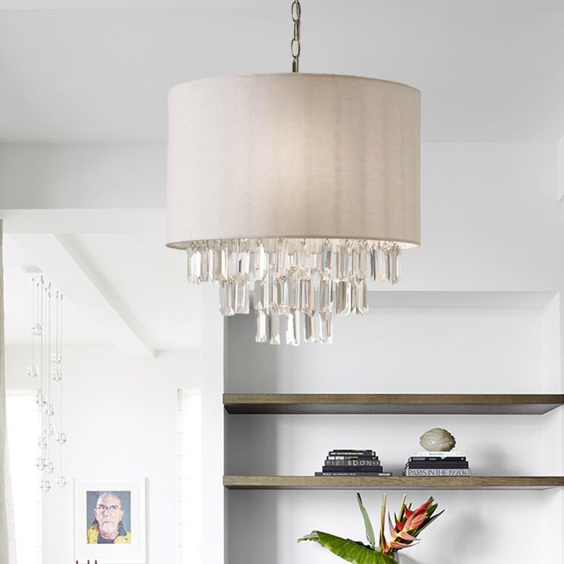 Modern Fabric Shade Rectangular-Cut Crystal Drum Hanging Chandelier -Homdiy