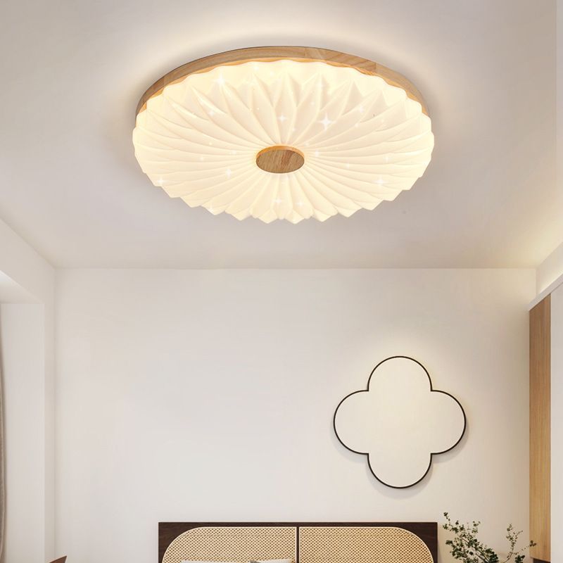 Flush Mount Wood White LED Bedroom Ceiling Light