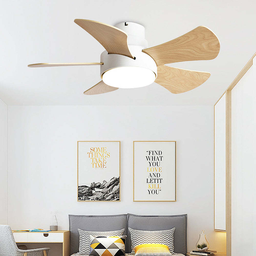 Modern Stylish Wood Dining Room Flush Ceiling Fan With LED Lighting -Homdiy