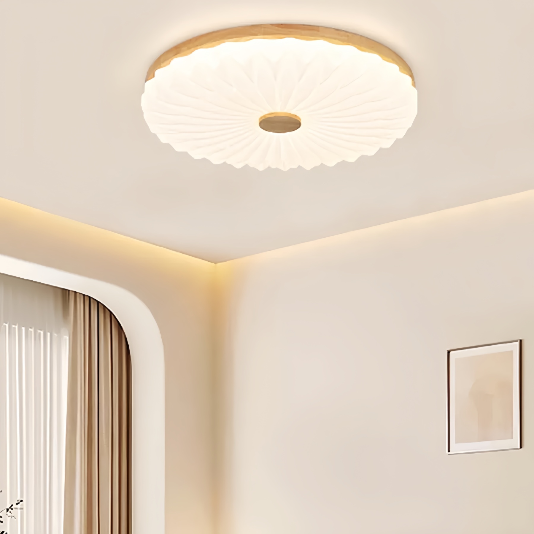 Flush Mount Wood White LED Bedroom Ceiling Light