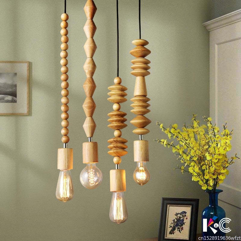 Retro Wooden Geometric Beads String Lights Hanging Pendant Lighting -Homdiy