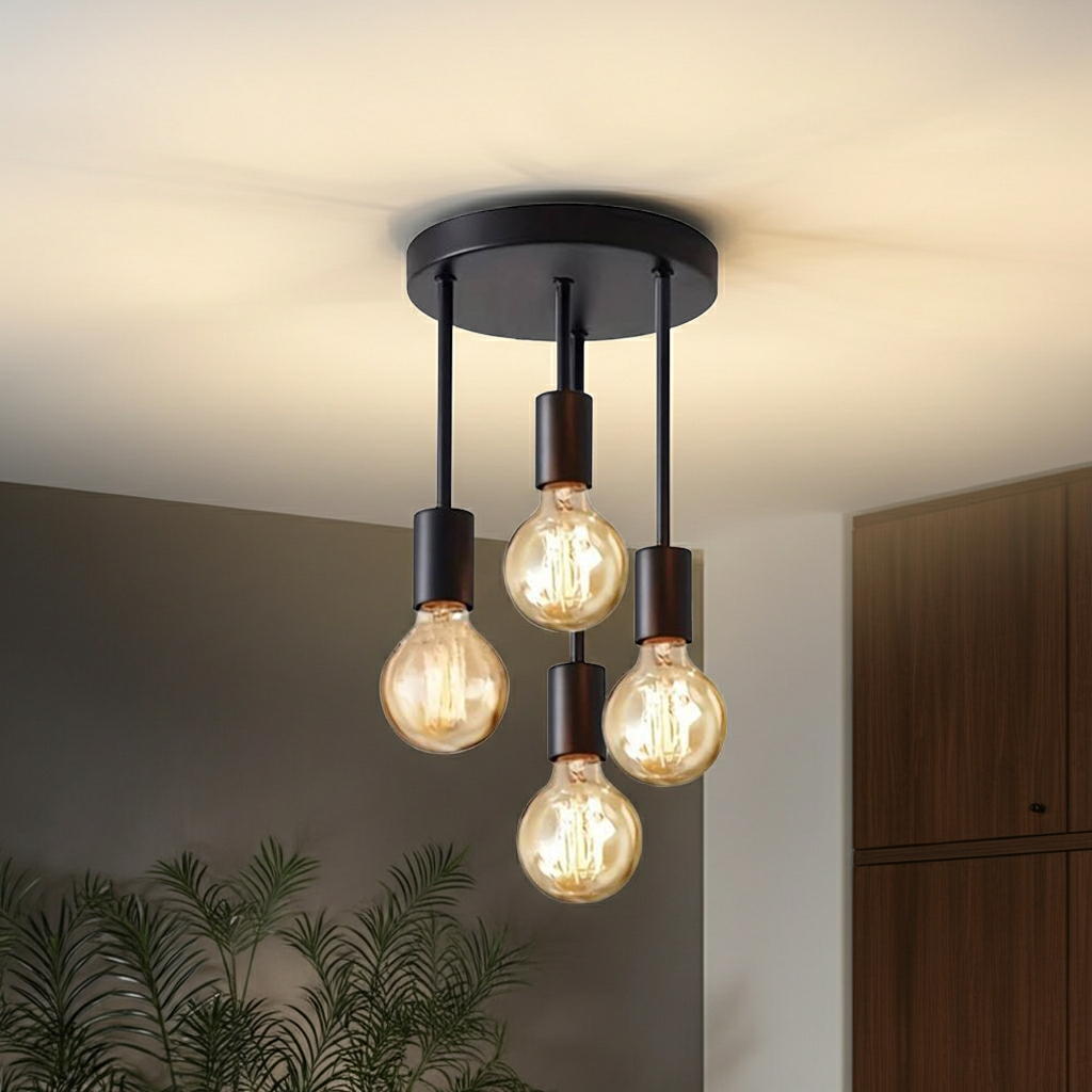 Farmhouse Industrial Black Iron Glass 4-Light Ceiling Light