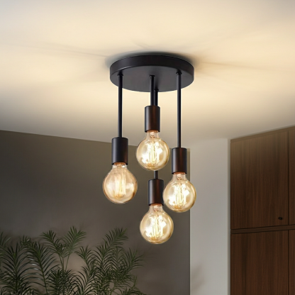 Farmhouse Industrial Black Iron Glass 4-Light Ceiling Light