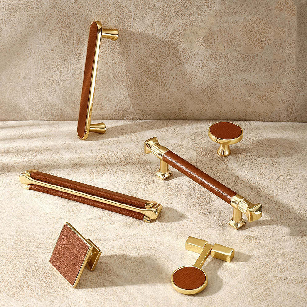 Gold and Brown Leather Kitchen Cabinet Handles -Homdiy