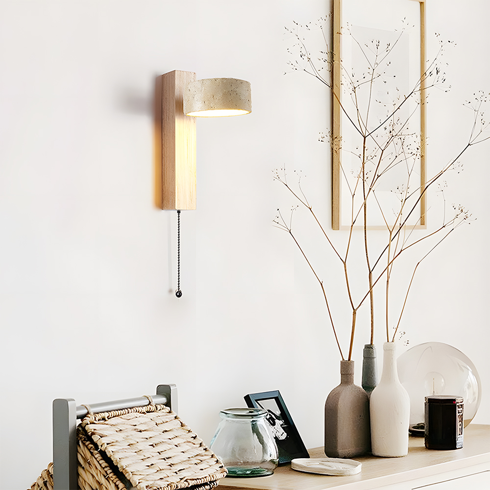 Decorative Elegant Wood and Stone Wall Light with Pull Chain