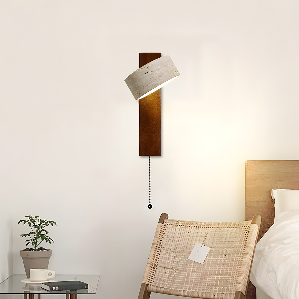 Decorative Elegant Wood and Stone Wall Light with Pull Chain