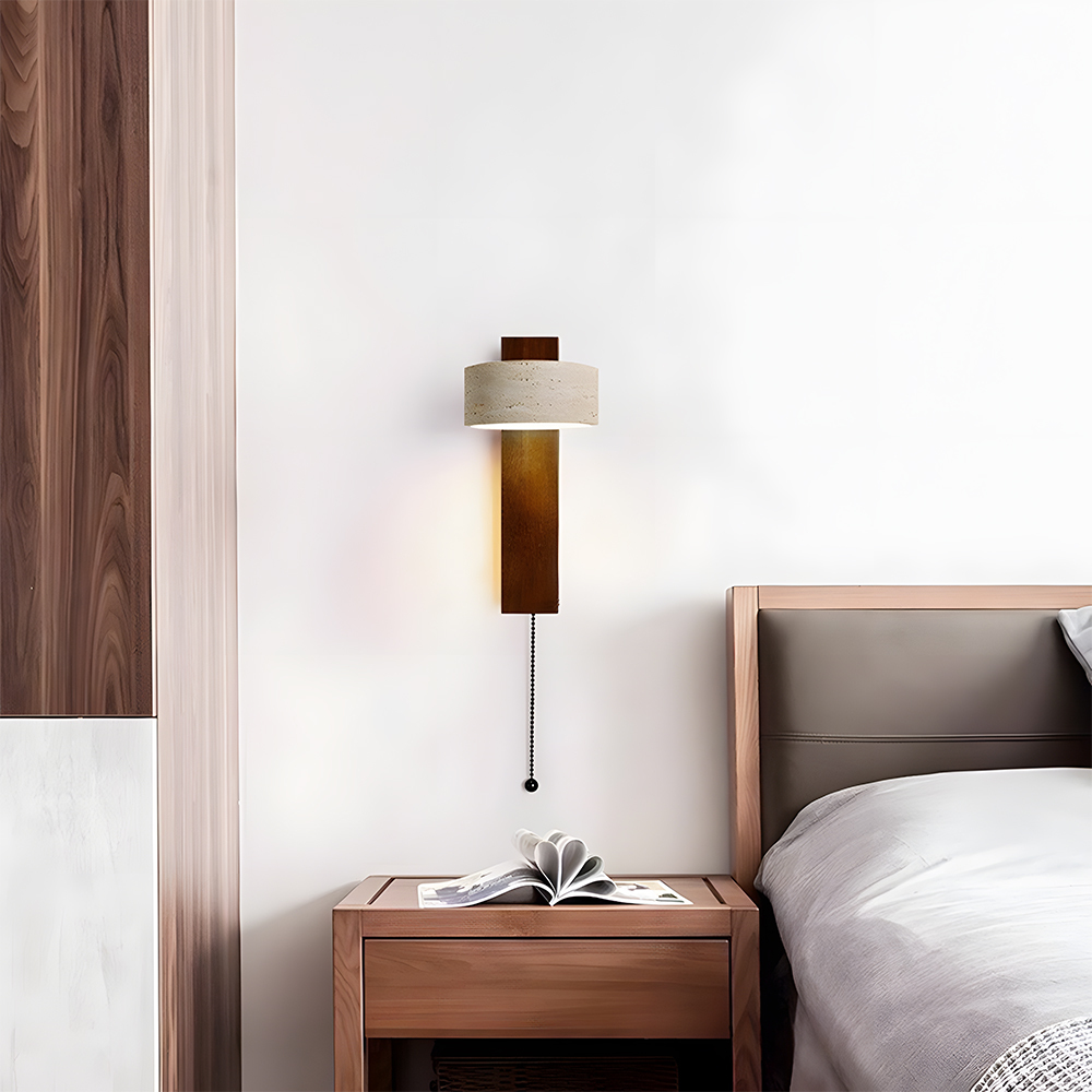 Decorative Elegant Wood and Stone Wall Light with Pull Chain
