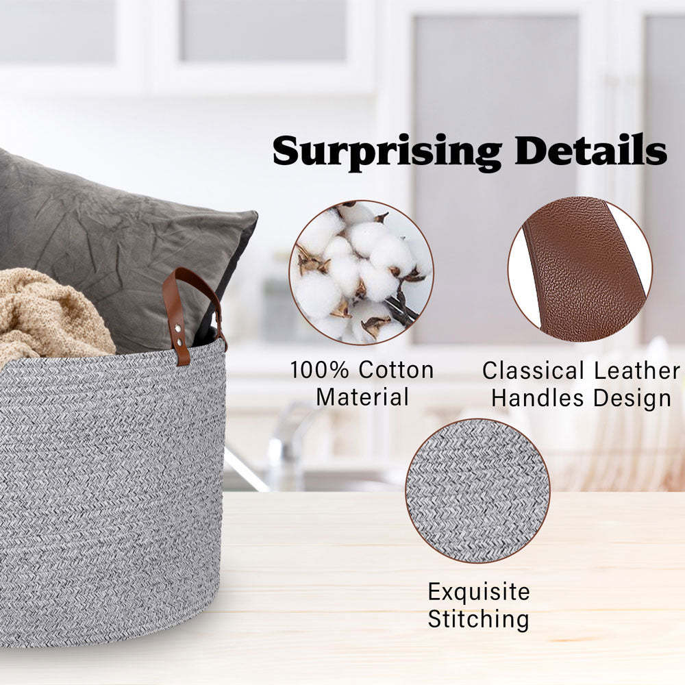 Grey Laundry Basket Decorative Woven Cotton Rope Basket Baby and Dog Toy Storage Baskets -Homdiy