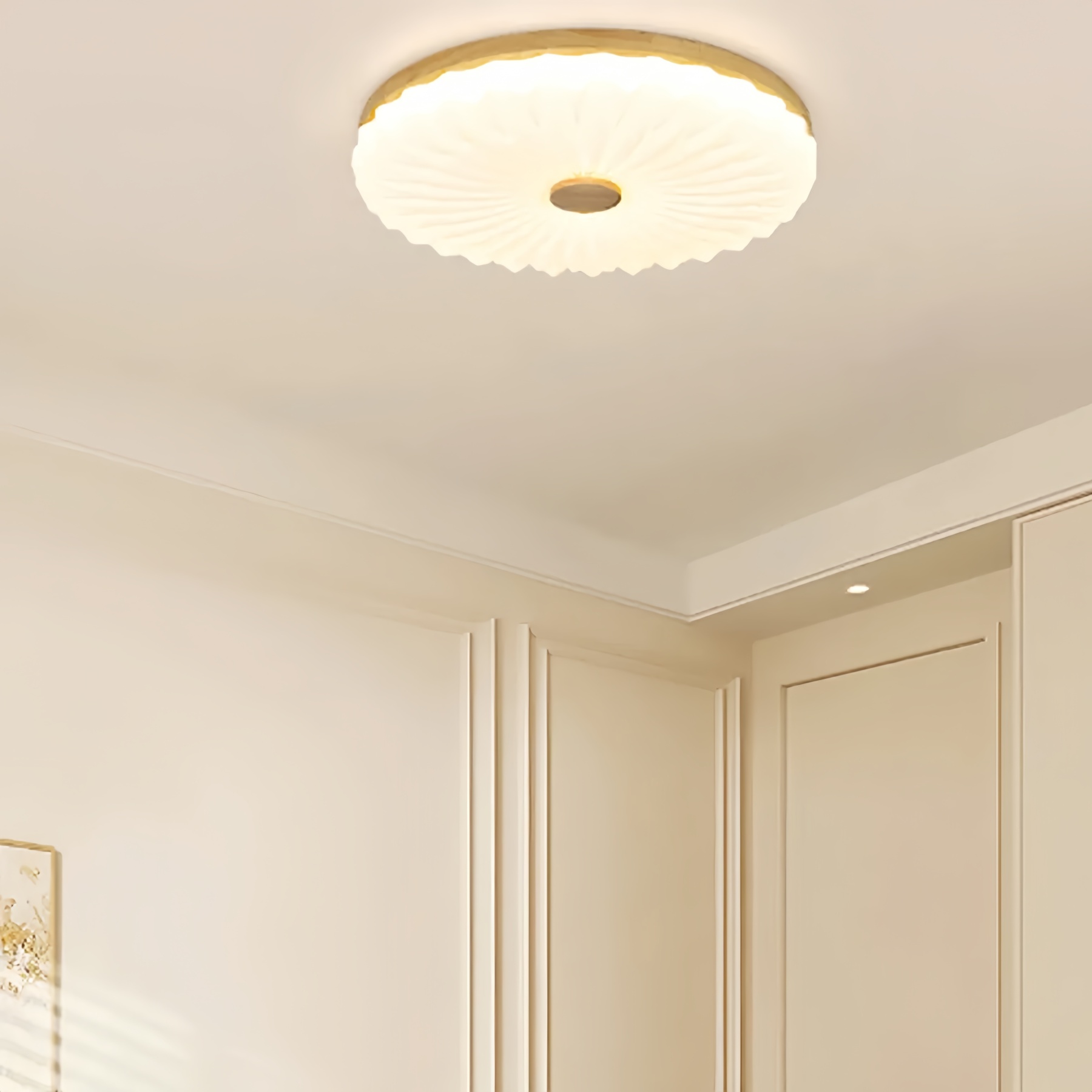Flush Mount Wood White LED Bedroom Ceiling Light