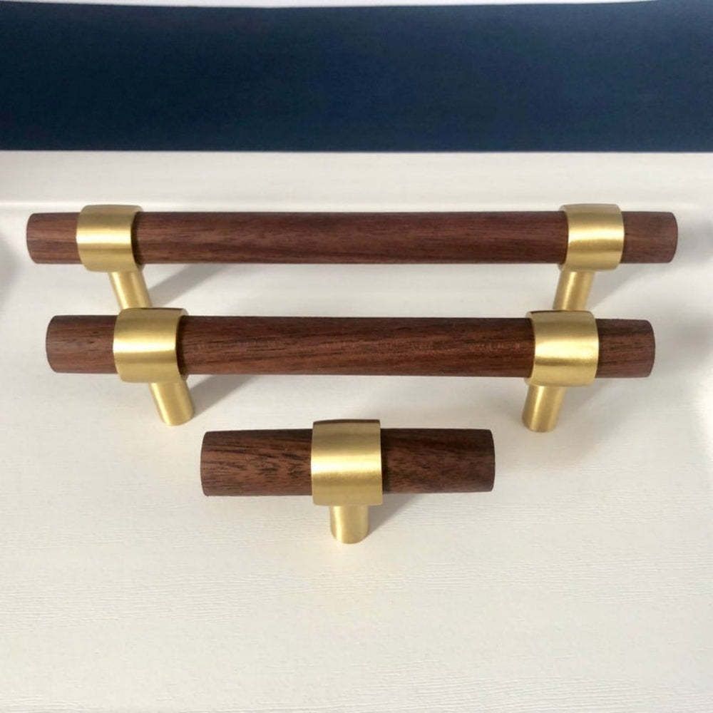 Walnut & Beech Drawer Dresser Pulls Wooden Cabinet Pulls With Brass Base -Homdiy