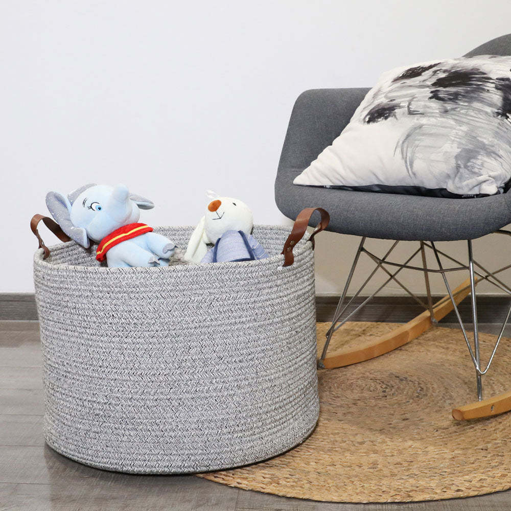 Grey Laundry Basket Decorative Woven Cotton Rope Basket Baby and Dog Toy Storage Baskets -Homdiy