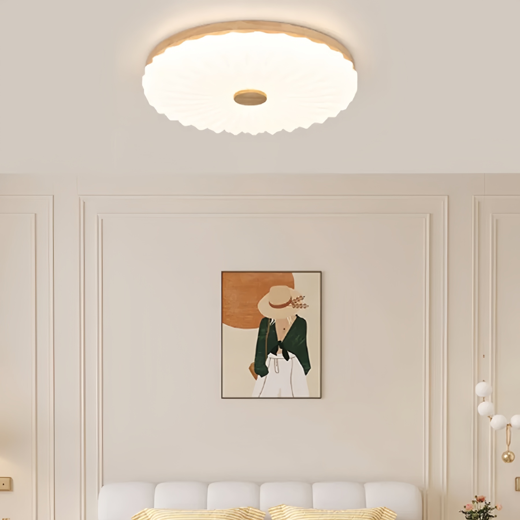 Flush Mount Wood White LED Bedroom Ceiling Light