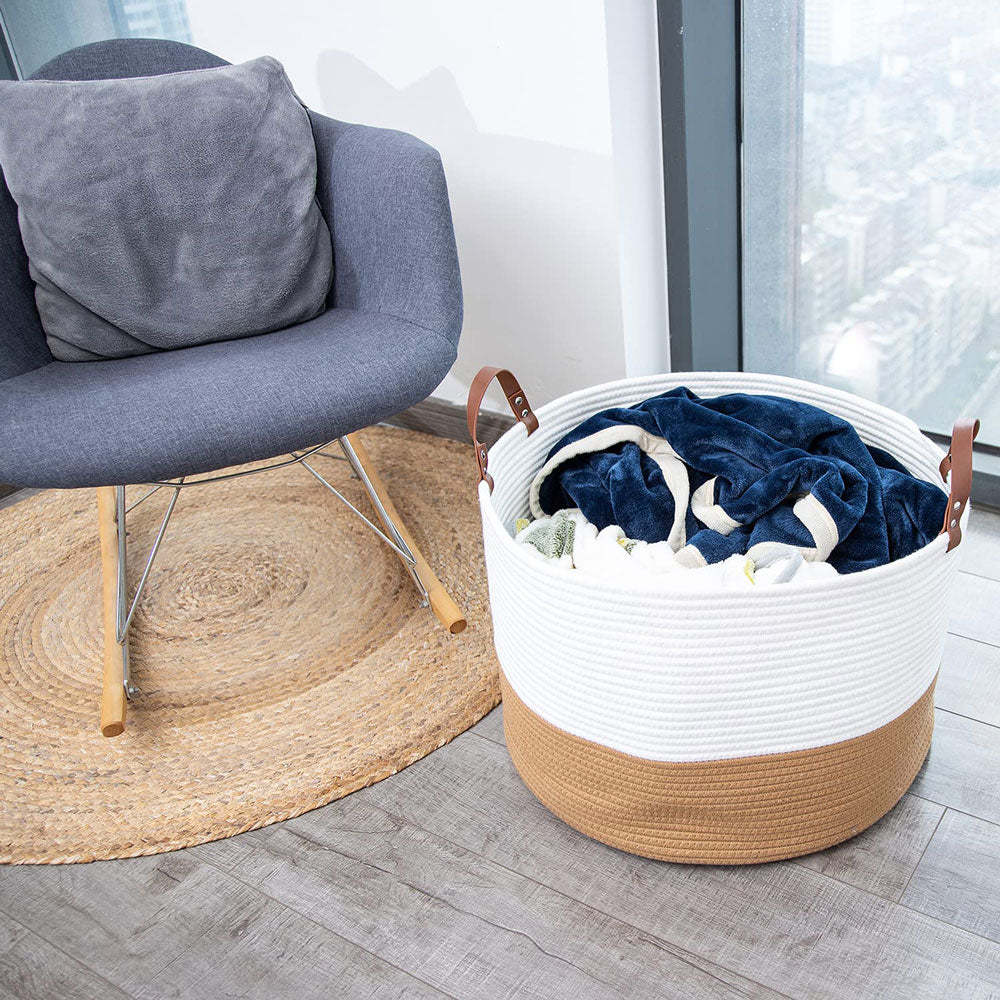 20"x13" Large Woven Basket Large Basket for Blankets Round Towel Basket Brown&white -Homdiy