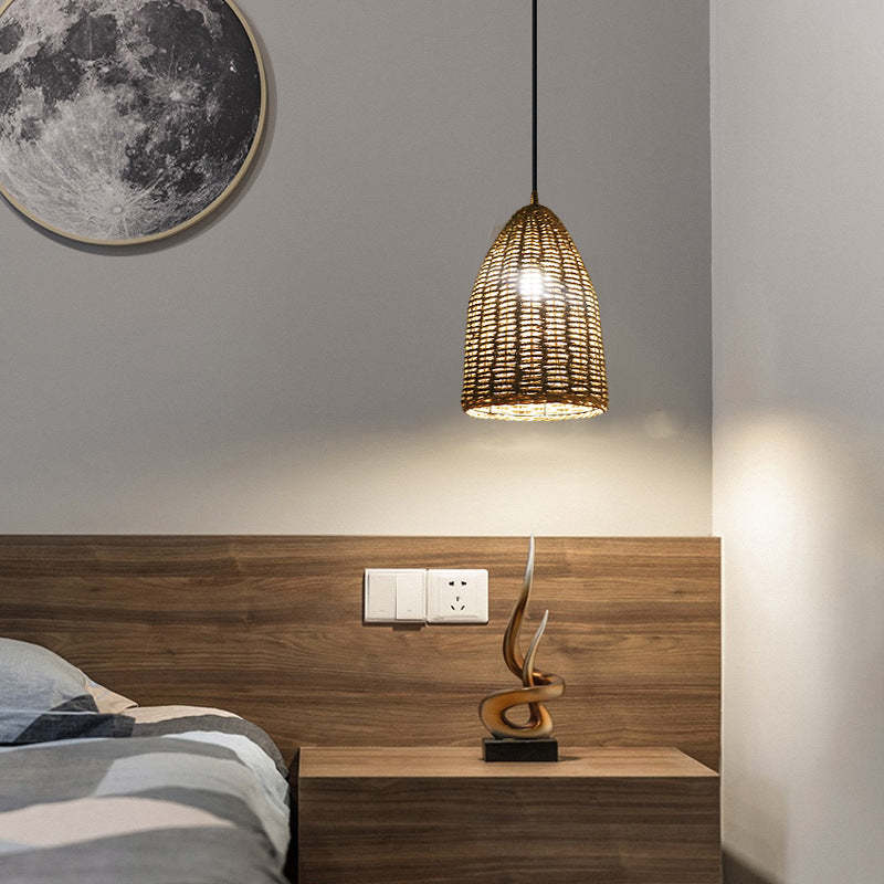 Handwoven Rattan Bell Pendant Light Rustic Wicker Hanging Light -Homdiy