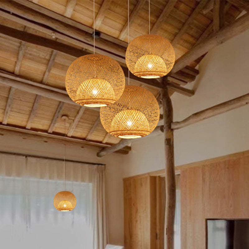 Farmhouse Bamboo Round Ceiling Light Fixtures Wicker Lantern Pendant Light -Homdiy