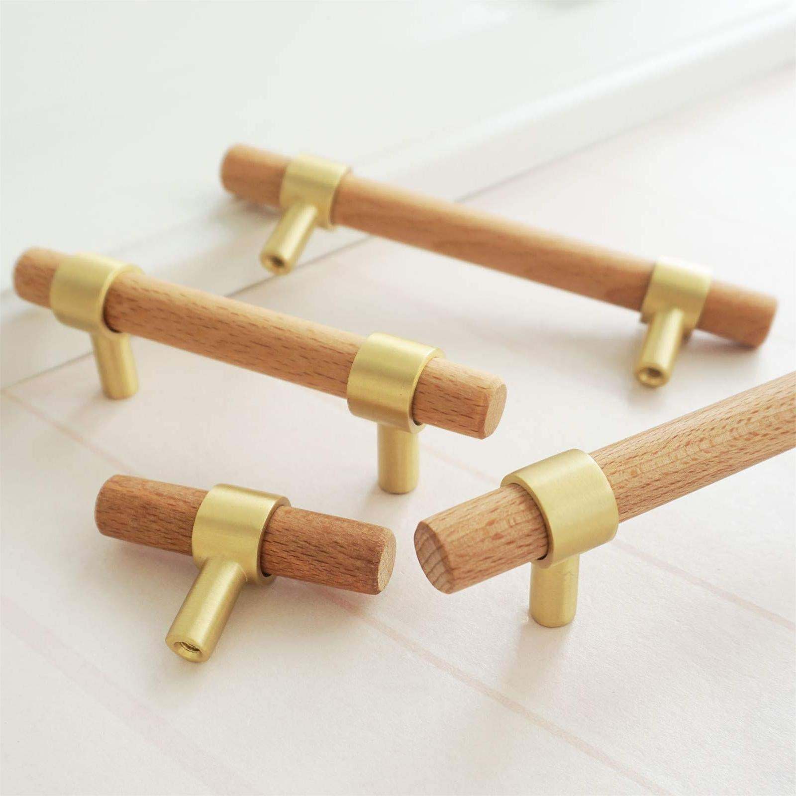Walnut & Beech Drawer Dresser Pulls Wooden Cabinet Pulls With Brass Base -Homdiy