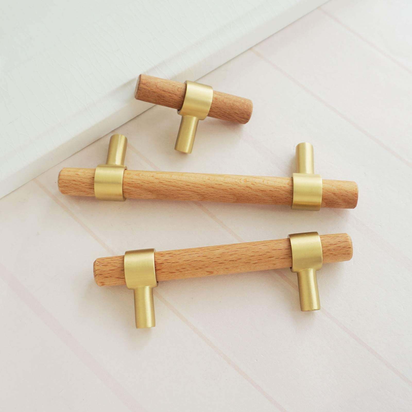 Walnut & Beech Drawer Dresser Pulls Wooden Cabinet Pulls With Brass Base -Homdiy