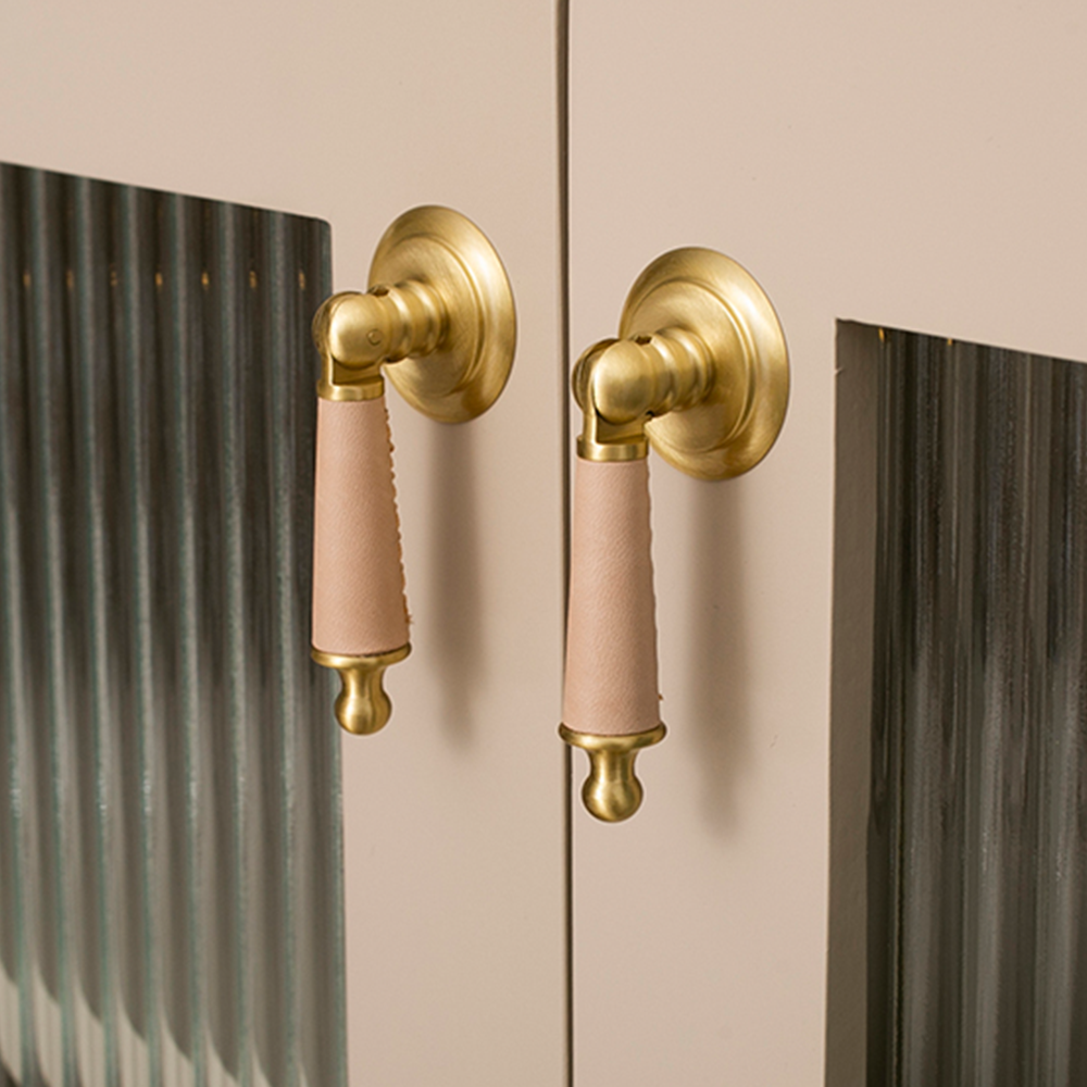 Modern Leather Cowhide & Brass Furniture Handles Kitchen Cabinet Pulls -Homdiy