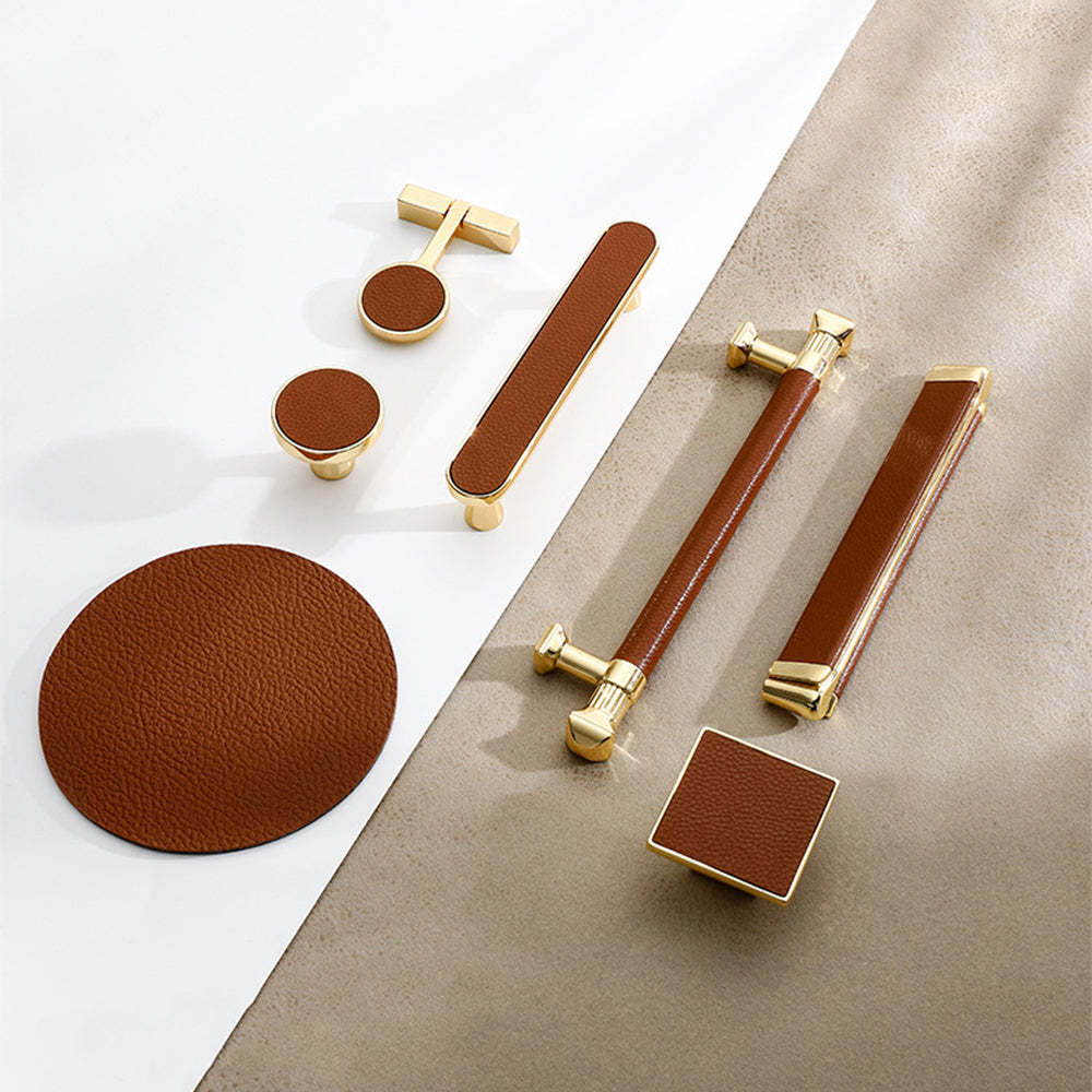 Gold and Brown Leather Kitchen Cabinet Handles -Homdiy
