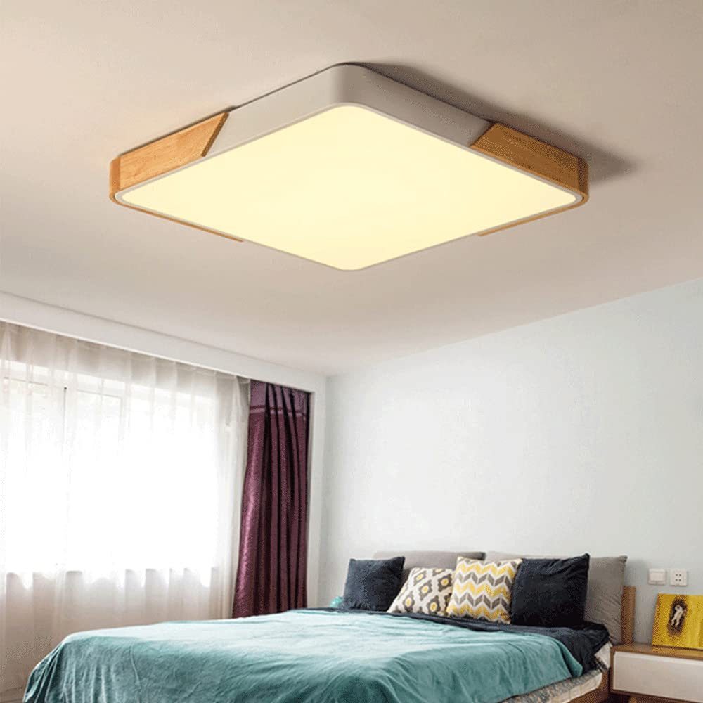 Square Wood And Metal Flush Mount LED Dimmable Ceiling Light -Homdiy