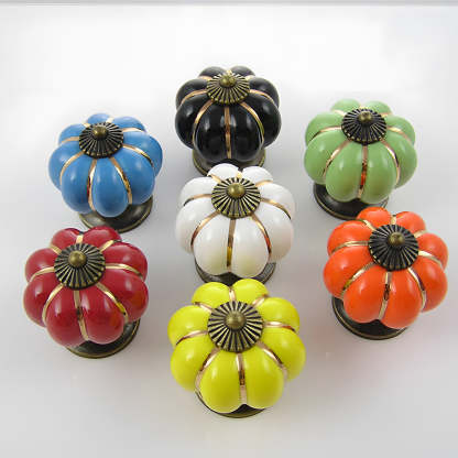 Vintage Pumpkin Ceramic & Zinc Alloy Drawer Handles with Leaf Backplate
