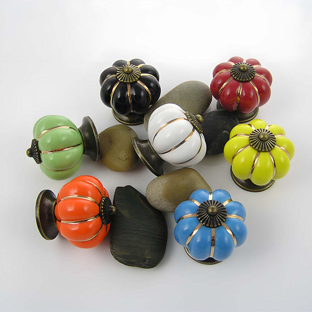 Vintage Pumpkin Ceramic & Zinc Alloy Drawer Handles with Leaf Backplate