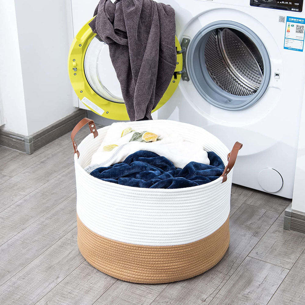 20"x13" Large Woven Basket Large Basket for Blankets Round Towel Basket Brown&white -Homdiy