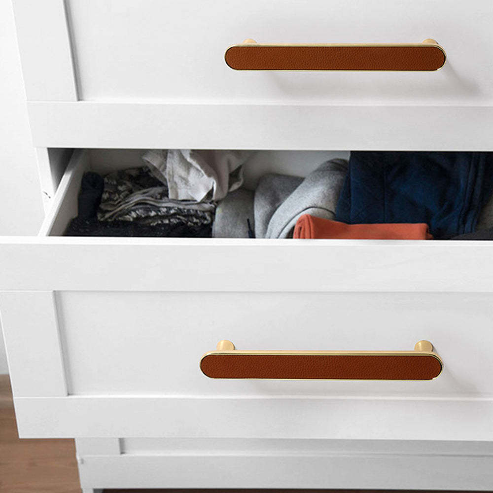 Gold and Brown Leather Kitchen Cabinet Handles -Homdiy