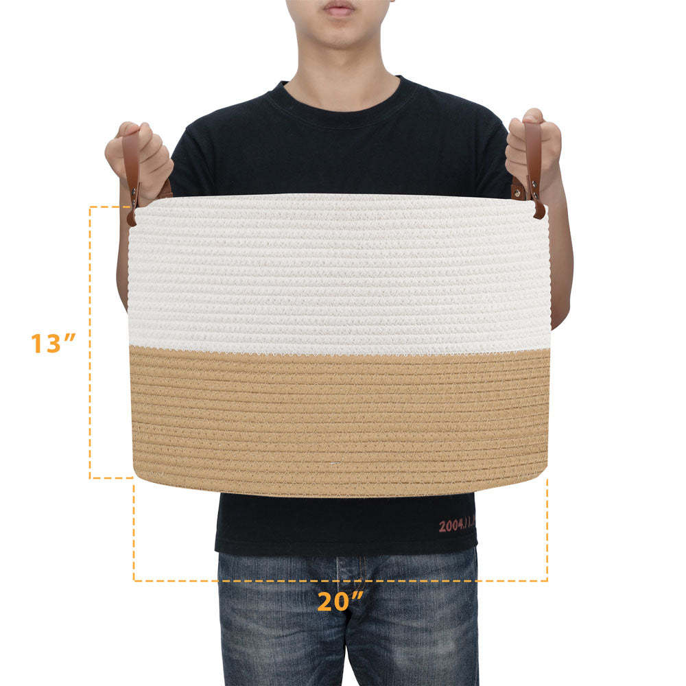 20"x13" Large Woven Basket Large Basket for Blankets Round Towel Basket Brown&white -Homdiy