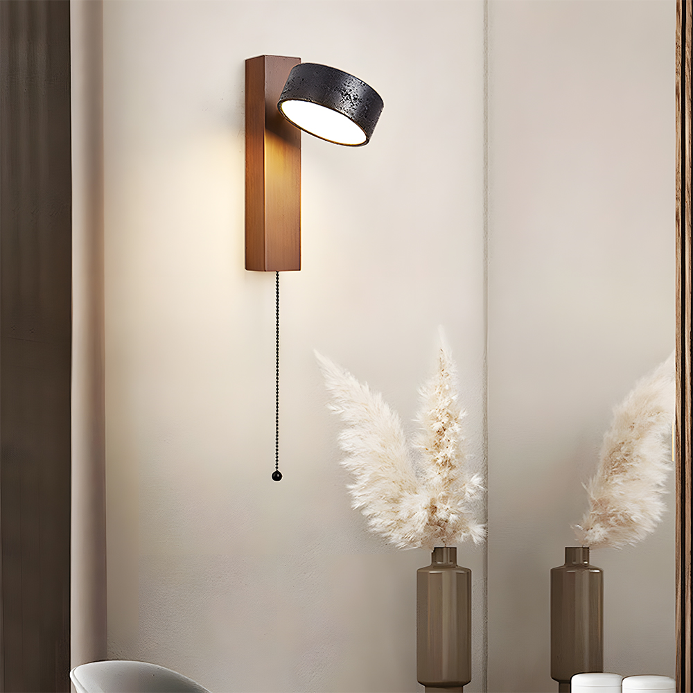 Decorative Elegant Wood and Stone Wall Light with Pull Chain