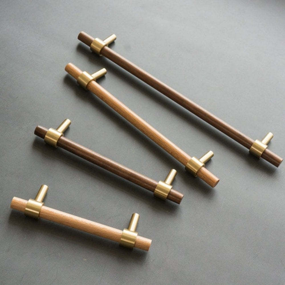 Walnut & Beech Drawer Dresser Pulls Wooden Cabinet Pulls With Brass Base -Homdiy