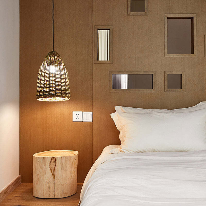 Handwoven Rattan Bell Pendant Light Rustic Wicker Hanging Light -Homdiy