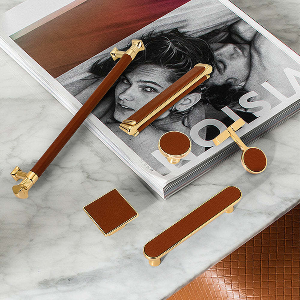 Gold and Brown Leather Kitchen Cabinet Handles -Homdiy