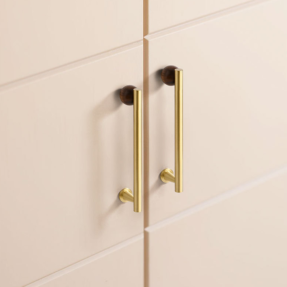 Warm Minimalist Brushed Brass Wood Cabinet Pulls