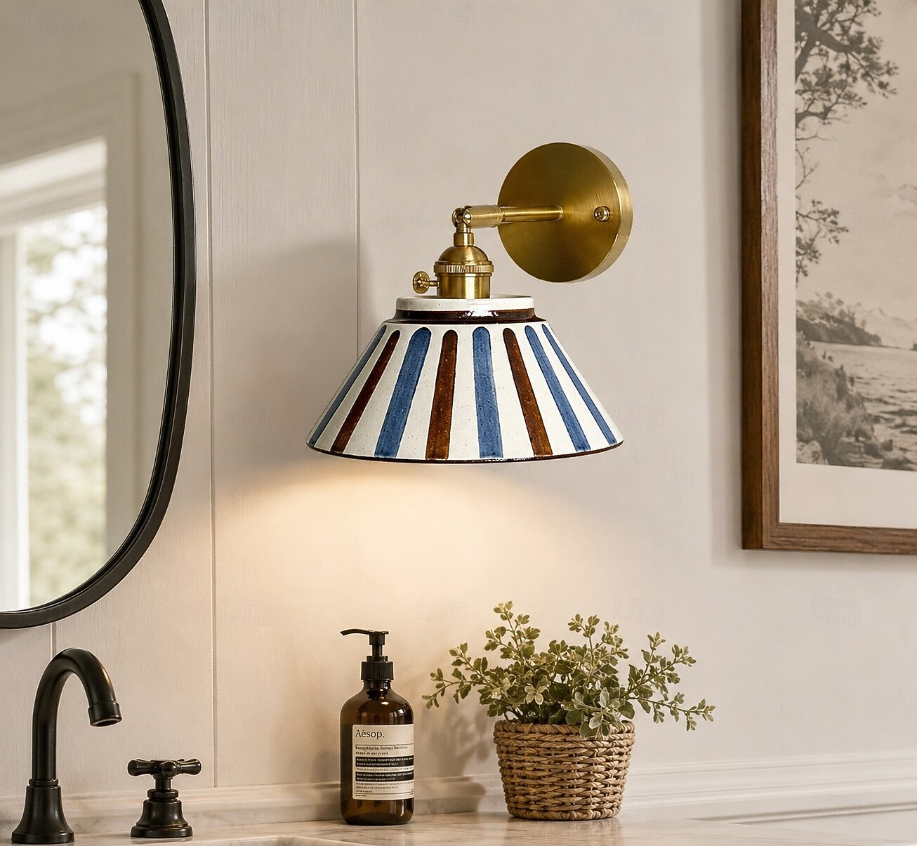 Mid-Century Hand-Painted Ceramic Pendant Light & Wall Sconce Set