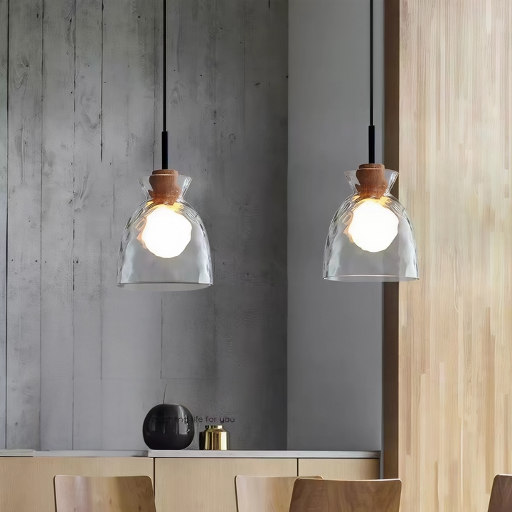 Art Ripple Glass Pendant Lamp Wood Suspension Light