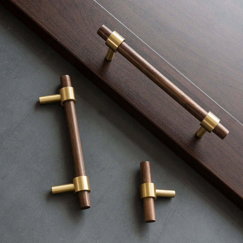 Walnut & Beech Drawer Dresser Pulls Wooden Cabinet Pulls With Brass Base -Homdiy