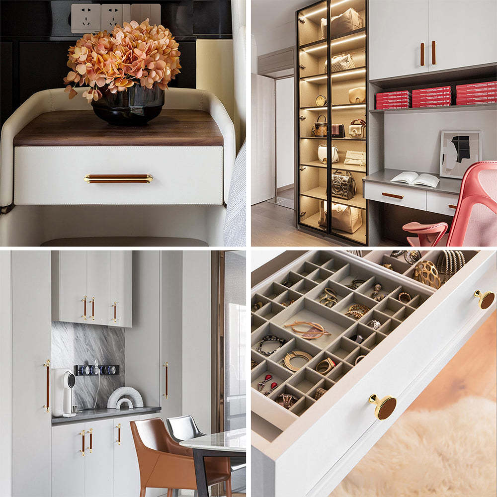 Gold and Brown Leather Kitchen Cabinet Handles -Homdiy