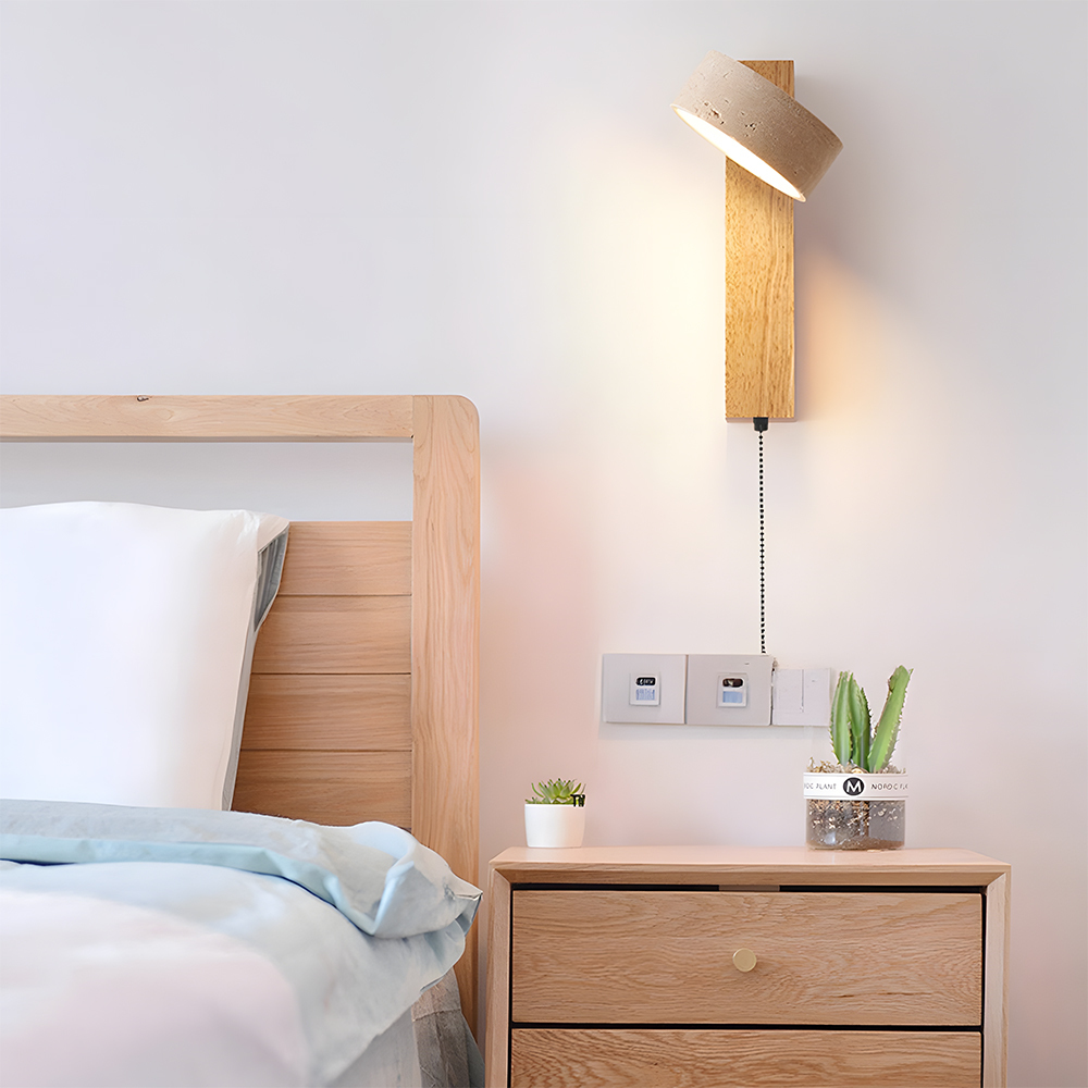 Decorative Elegant Wood and Stone Wall Light with Pull Chain