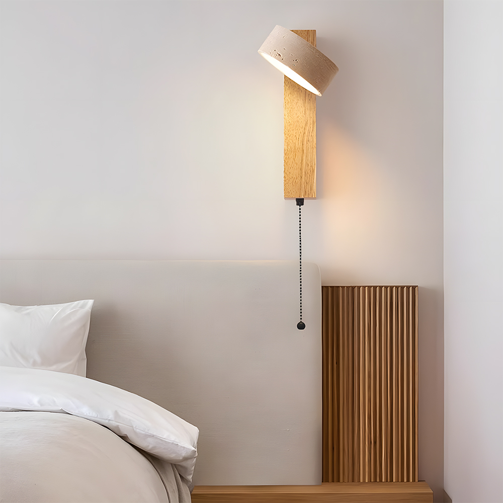 Decorative Elegant Wood and Stone Wall Light with Pull Chain