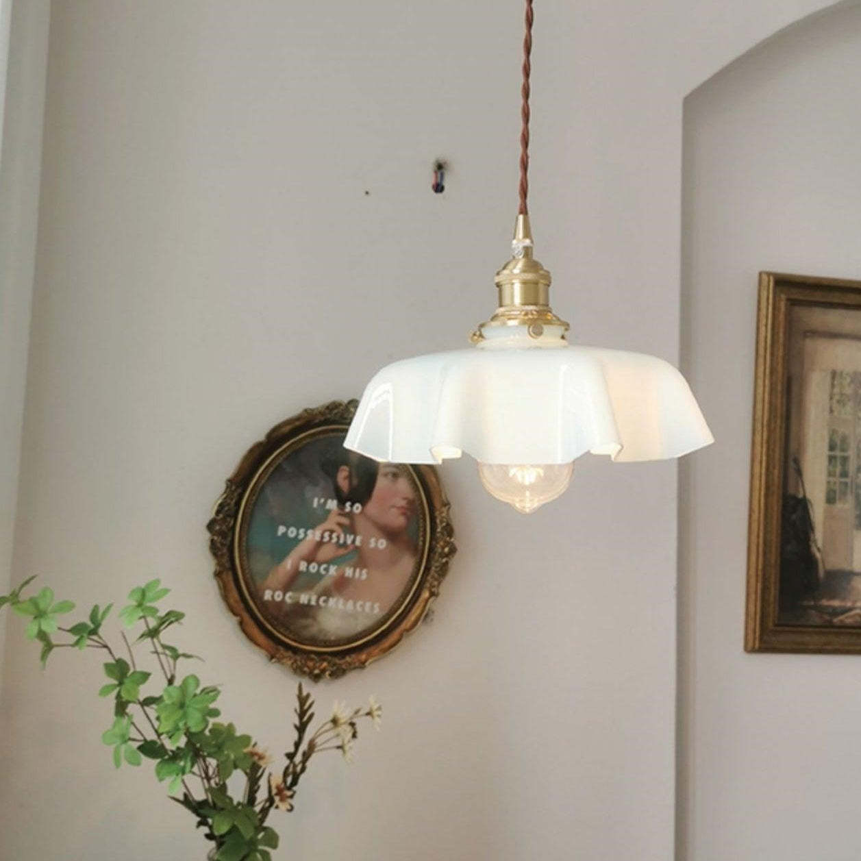 Vintage French Frilly Opaque Glass Pendant Light with ruffled draped shape -Homdiy