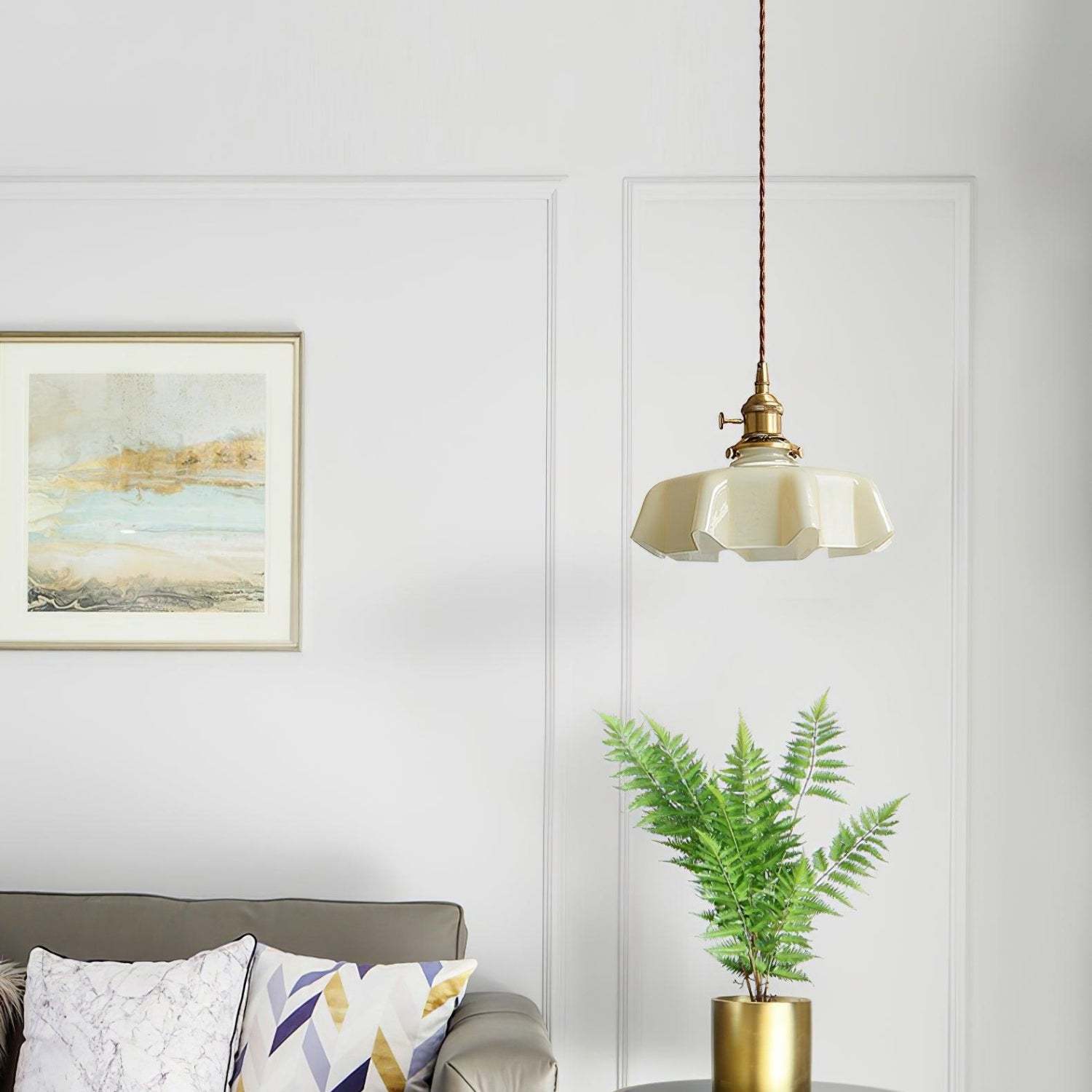 Vintage French Frilly Opaque Glass Pendant Light with ruffled draped shape -Homdiy