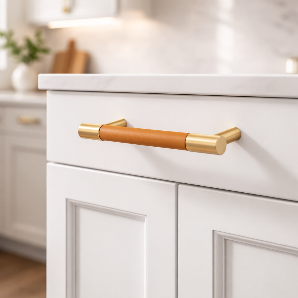 Brass Solid Leather Handmade Cabinet Pulls Dresser Knobs