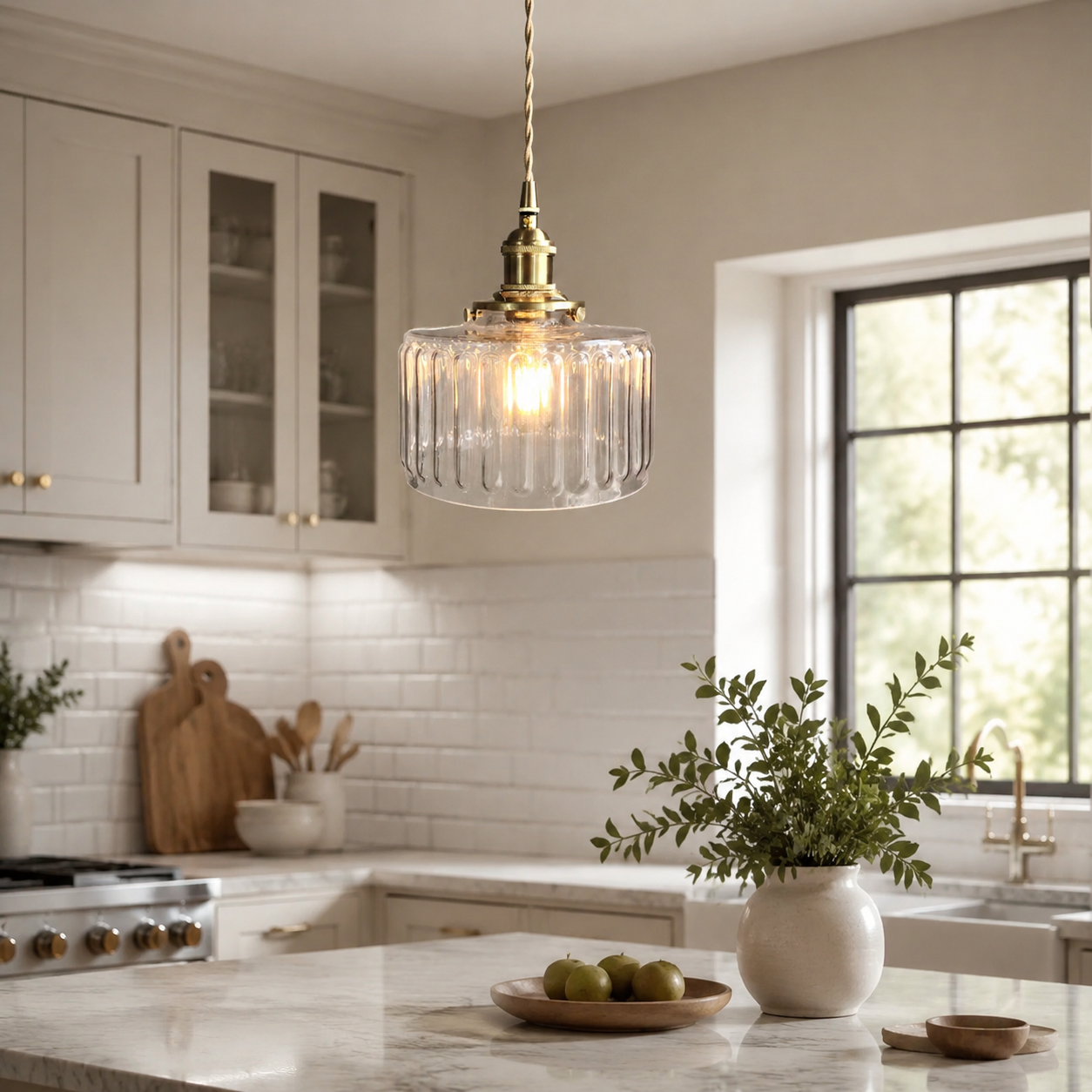 Retro Short Cylinder Wavy Glass Pendant Light