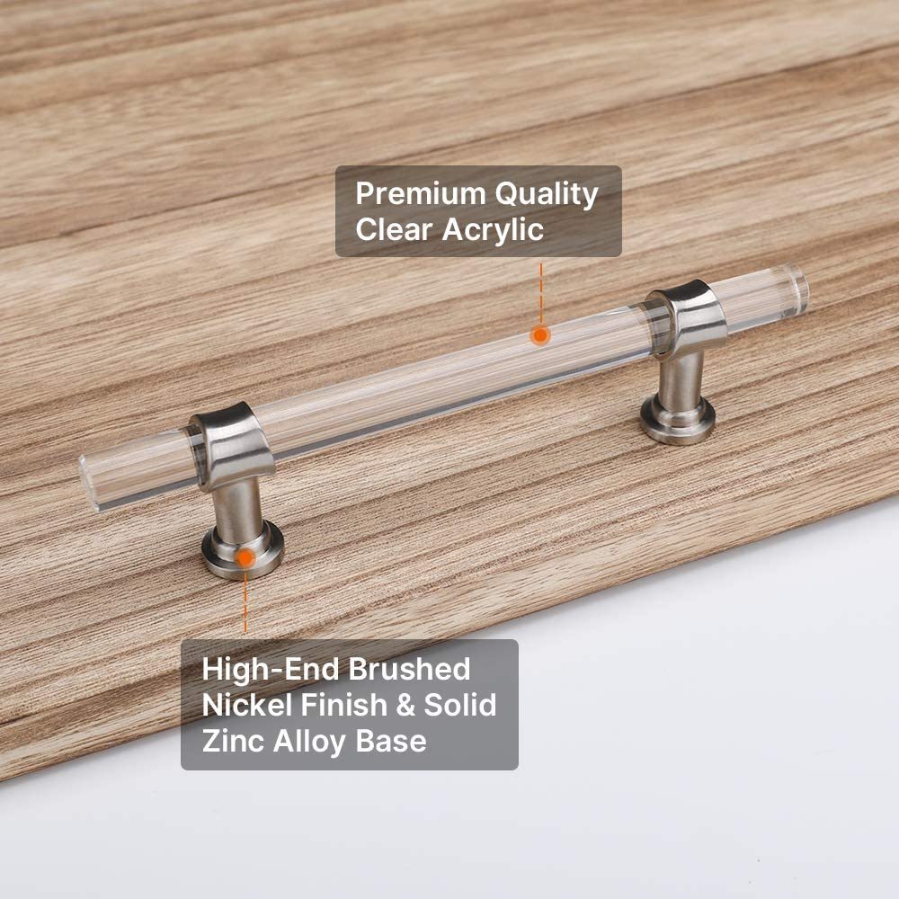 10 Pack Clear Acrylic Brushed Nickel Cabinet Handles for Bathroom -Homdiy