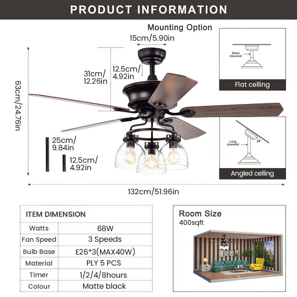 Minimalist 3 Head Ceiling Fan With Light And Remote -Homdiy